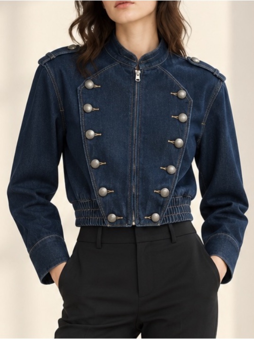 Cropped Dark Blue Military-Style Denim Jacket